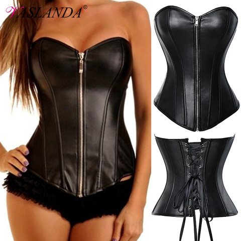 Bustiers & Corsets Faux Leather Overbust Corset Retro Goth Waist Cincher Bustier Tops Lace Up Steel Boned Steampunk Corselet ► Photo 1/6