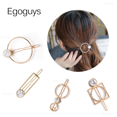 1PC Fashion Geometric Hair Clips Circle Square Hairpins Women Girl Natural Stone Marbling Barrettes Retro Metal Hair Styling Pin ► Photo 1/6