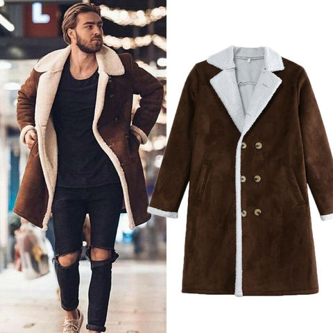 2022 Fashion Men Fur Fleece Blends Brown Color Trench Coat Overcoat Lapel Warm Fluffy Jacket Outerwear Male Boy Warm Jacket ► Photo 1/6