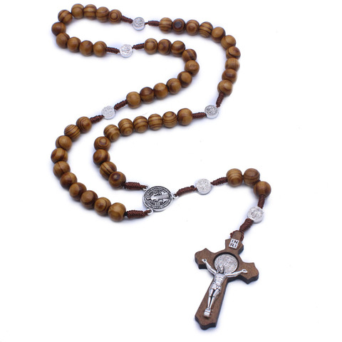 NEW Wooden Antique Cross Rosary Pendant Necklaces Jesus Saint Benedict Beaded Necklaces for Men Women Handmade Jewelry Gifts ► Photo 1/5
