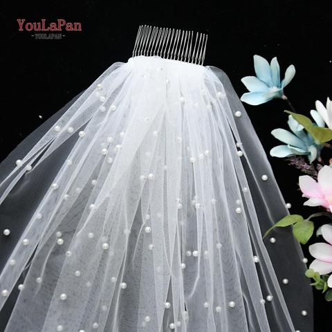 YouLaPan V05 Bridal Veil with Comb Ivory White Wedding Veil Pearls Veil 1  Tier Wedding Veil for Women Cathedral Bridal Veil