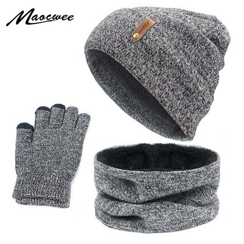 Unisex Beanies Hat Ring Scarf Gloves Set Winter Knitted Thick Warm Cap Women Men Solid Retro Beanie Hat Soft Touch Screen Gloves ► Photo 1/6