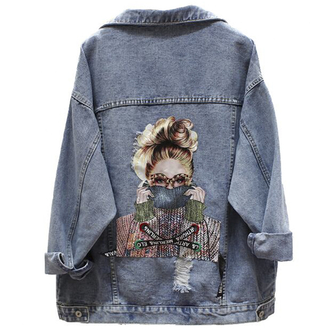 Women Denim Jacket Fashion Streetwear Letter Stylish 2022 Chic  Printed Ripped Holes Jean Patchwork BF Style Jeans Female Coat ► Photo 1/6