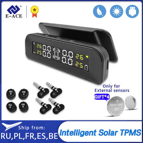 E-ACE TPMS Car Tire Monitoring Pressure Display auto Alarm Monitor Solar Power Charging Temperature Warning with 4 sensors ► Photo 1/6