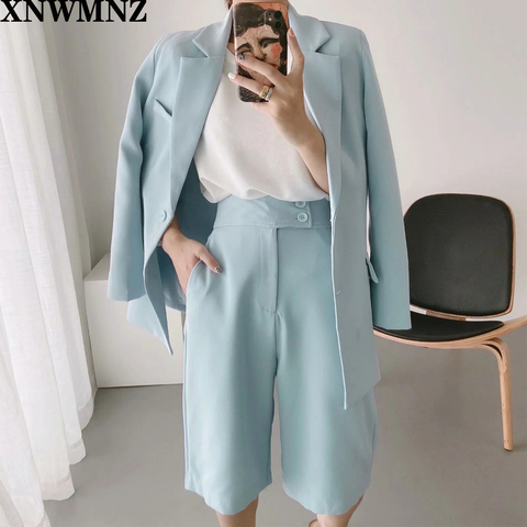 ZA Fashion wild pocket solid color suit jacket + high waist was thin and simple wide leg shorts two-piece suit female XNWMNZ ► Photo 1/6