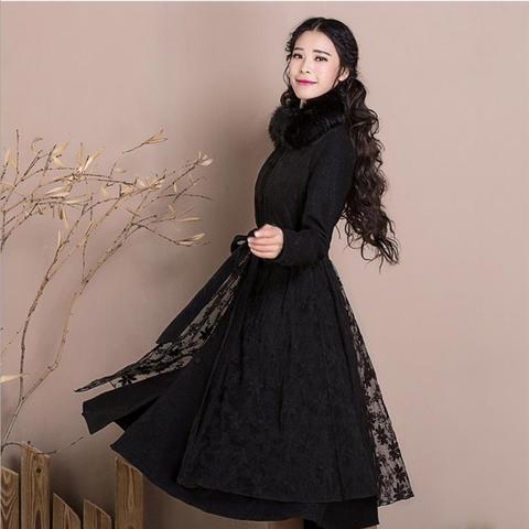Winter fashion brand lace stitching with real fur woolen jacket women's single breasted over the knee long woolen coat wq545 ► Photo 1/6