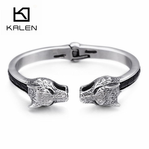 KALEN Rock Animal Viking Wolf Charm Bangle For Men Stainless Steel & Genuine Leather Vintage Open Cuff Bangle Jewelry ► Photo 1/6