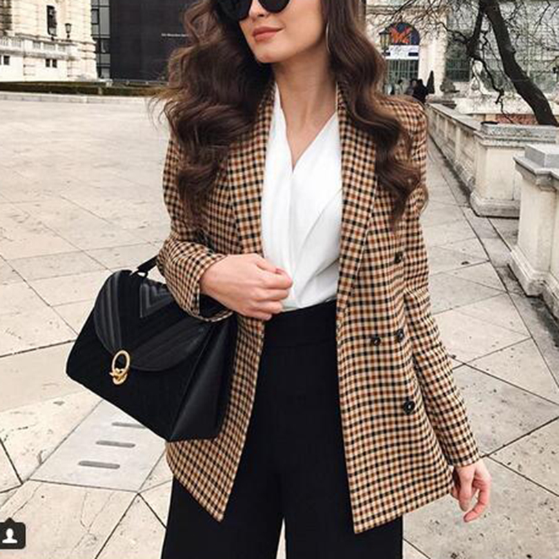 Mstyle Women Plaid Print Slim Casual Office Double Breasted Blazer Jacket Coat 
