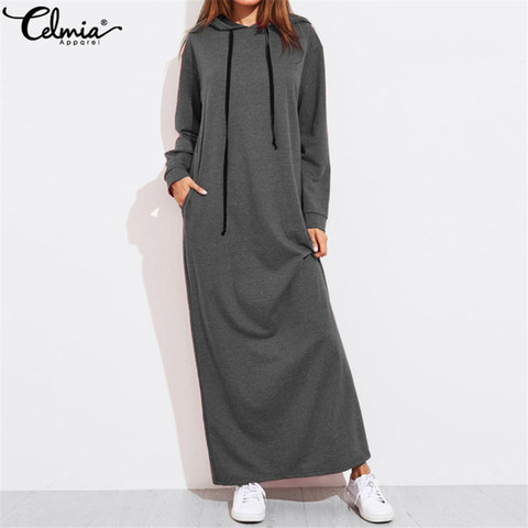 Celmia 2022 Autumn Women Vintage Hoodies Maxi Dress Casual Solid Long Sleeve Pockets Hooded Dresses Long Vestidos Robe Femme 5XL ► Photo 1/6