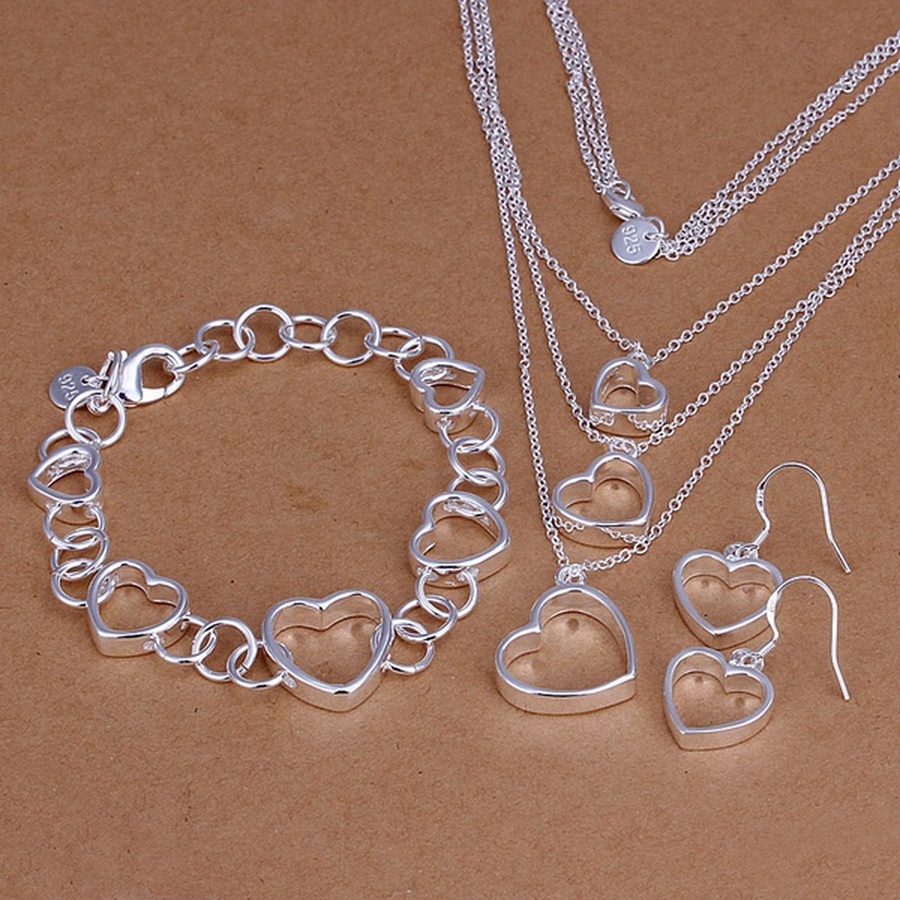 fashion women wedding silver Bracelet necklace earring ring drop jewelry set 925