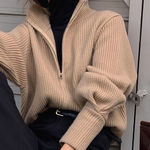 Autumn Winter Women Sweater Solid Simple Turtleneck Zipper Loose Warm All-match Knitted Femme Coat Sweater Tops Outwear ► Photo 1/6