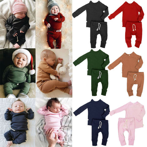 0-24M Infant Baby Boy Girl Solid Set Infant Toddler Baby Girls Boys  Long Sleeve O Neck Top+ Long Pants Newborn Cotton Outfits ► Photo 1/6