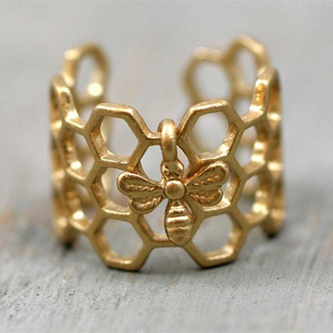 Antique Womens Gold Color Tiny Bee Honeycomb Ring Adjustable Hexagon Rings for Women Fashion Jewelry Wedding Engagement Ringg ► Photo 1/6