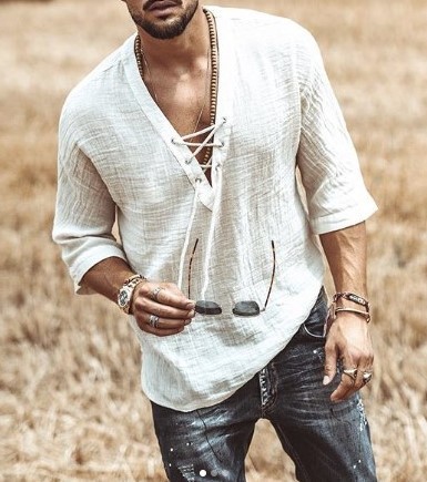 Men's Fashion Hippie Linen Shirt Casual Middle Sleeve V Neck Summer Beach Loose Tee Tops Solid Color T shirts  2022 New ► Photo 1/5