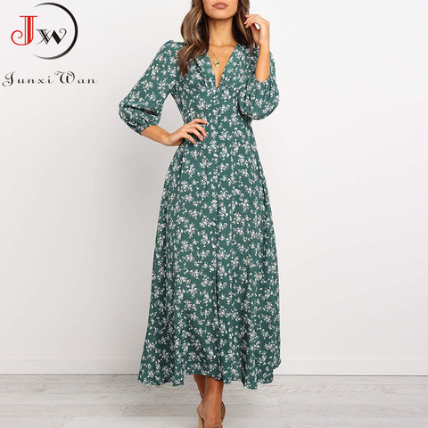 Women Chiffon Long Dress Floral Print Lantern Sleeve A-line Maxi Vestidos Autumn New Elegant Vintage V Neck Winter Dresses ► Photo 1/6