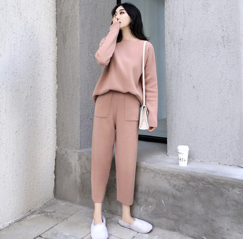 2022 New Autumn Winter Knitting 2 PCS Set Women Thick O Neck Loose Sweater Tracksuits + Casual Ankle-Length Pants Warm Suits ► Photo 1/6