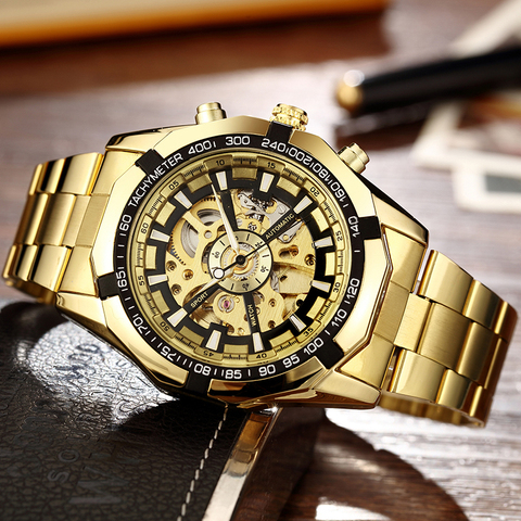 Skeleton Sports Automatic Stainless Steel Bracelet Chinese Mechanical Wrist Watches Mens Luxury Top Brand Gold Black Silver Gift ► Photo 1/6