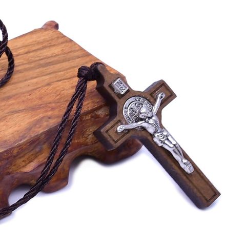 Jesus Cross Necklace Wood Metal Pendant Jewelry Men Womens Catholic Religious ► Photo 1/6
