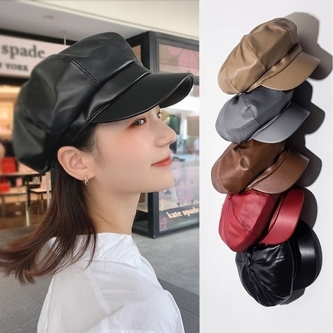 PU Octagonal Cap Female Fashion Leather Cap Duck Tongue Cap Beret Women Hat Winter Hat ► Photo 1/6