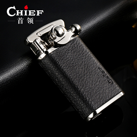 Chief brass lighter, creative windbreak,  grinding wheel, rocker arm,old retro kerosene lighter genuine leather smoking gift ► Photo 1/1