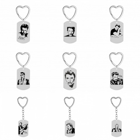 AMORUI Photo Key Chain Ring Punk Rock Johnny Hallyday Photo Pendant Stainless Steel Heart Keychain Female Male Jewelry New ► Photo 1/6