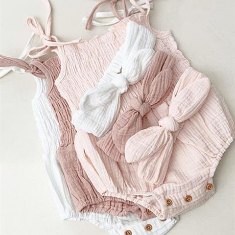 2022 Summer Solid Newborn Baby Girls Cotton Linen Bodysuits Sleeveless Strap Jumpsuits+Headband 2Pcs Outfits Beachwear ► Photo 1/6