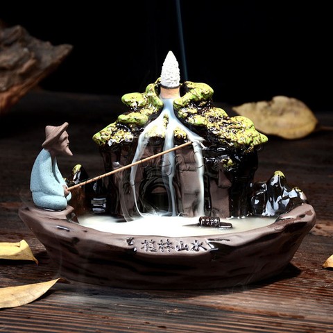 Backflow Incense Burner Old Man Fishing Statue Ceramic Portable Stick Holder Censer Smoke Waterfall Incense Burner Home Decor ► Photo 1/6