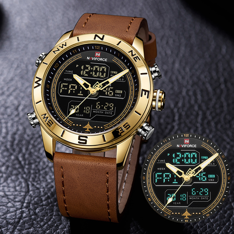 Luxury Brand Men NAVIFORCE 9144 Gold  Army Military Watch Led Digital Leather Sports Watches Quartz Mens Clock Relogio Masculino ► Photo 1/6