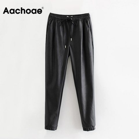 Aachoae Women Black Chic PU Leather Pants Elastic Waist Long Length Elegant Bottoms Drawstring Tie Pockets Basic Female Trousers ► Photo 1/6