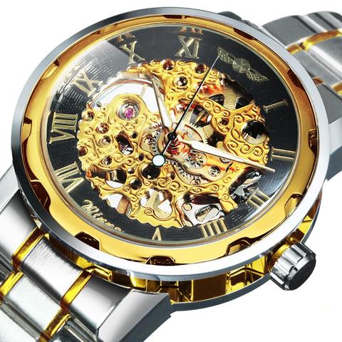 WINNER Golden Watches Men Skeleton Mechanical Watch Stainless Steel Strap Top Brand Luxury T-WINNER Classic Wristwatch 17 COLORs ► Photo 1/6