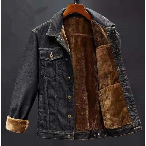 Fashion Velvet Black Denim Jacket Men Autumn Winter Gold Velvet Thickened Denim Coat Slim Turn Down Collar Cotton Clothes Hot ► Photo 1/6