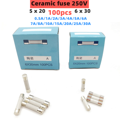 100pcs 5*20mm 6*30mm ceramics fuse 250V 0.5 1 2 3 4 5 6 8 10 15 20 25 30A  fuse Electronic component voltage protection ► Photo 1/6