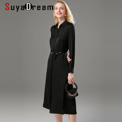 SuyaDream Woman Blouse Shirt Dress 23mm Silk Satin Solid Black Sashes Long Dress 2022 Elegant Office Chic Dresses ► Photo 1/5
