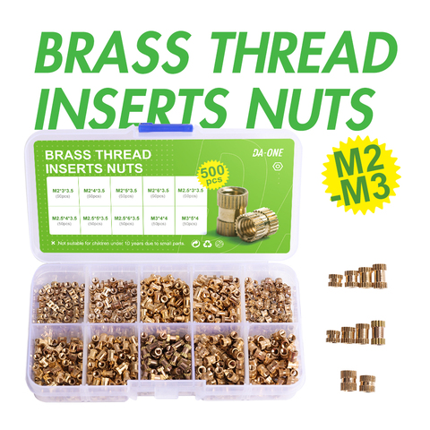 DA-ONE 250/500 Pcs M2 M2.5 M3 Female Thread Brass Knurled Threaded Insert Embedment Nuts Assortment Kit I Knurl Nuts Set ► Photo 1/6