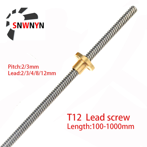 1pc T12 Lead Screw 100mm 150 200 250 300 350 400 450 500 600 1000mm Picth 2mm Lead 2 4mm 8 12mm Trapezoidal Screw With Brass Nut ► Photo 1/6