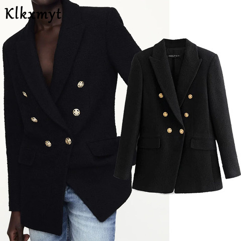 Klkxmyt Za Blazer Women 2022 Fashion Metal Double Breasted Woollen Blazers Coat Vintage Long Sleeve Female Outerwear Chic Tops ► Photo 1/6