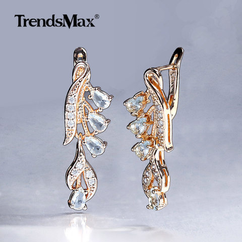 Blue Cubic Zircon Earrings 585 Rose Gold Leaf Teardrop Olivine Earring for Woman Girl Wedding Jewelry Valentines Gifts GE195 ► Photo 1/6