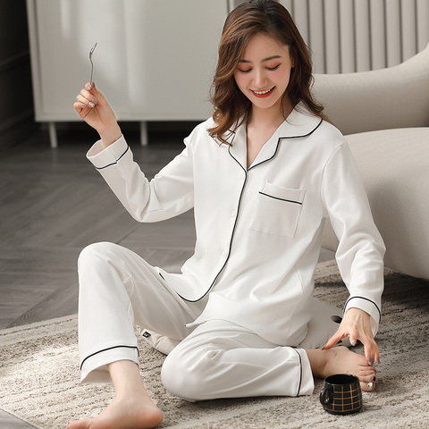 Winter 100% Cotton Pajama for Women Autumn Full Sleeves Soild White Pijama Mujer Invier  Pure Cotton Sleepwear Pink Pyjama Femme ► Photo 1/6