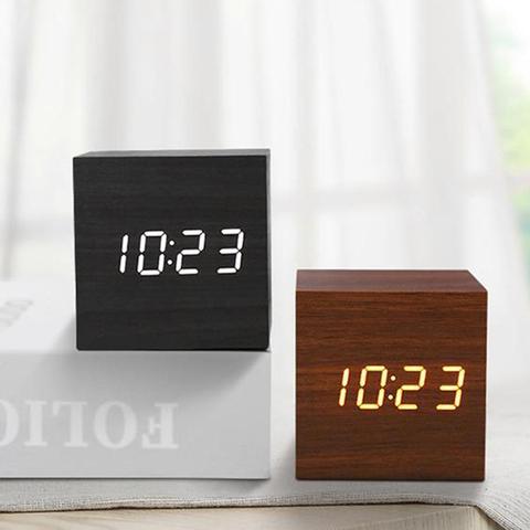 LED Digital Wooden Sound Control Square Snooze Function USB/AAA Electronic Table Alarm Clock Durable Retro Glow Clock ► Photo 1/6