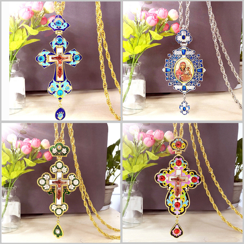 Religious Jesus Cross Pendant  Necklace Long Chain Christian Orthodox Pectoral Enamel Colorful Oil Virgin Mary Priest Church ► Photo 1/6