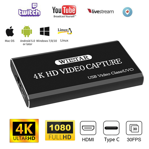 New USB Audio Video Capture Card HDMI to Type C USB Video Capture with HDMI 4K Loopout 3.5mm Audio Out for Windows Mac OS Linux ► Photo 1/6