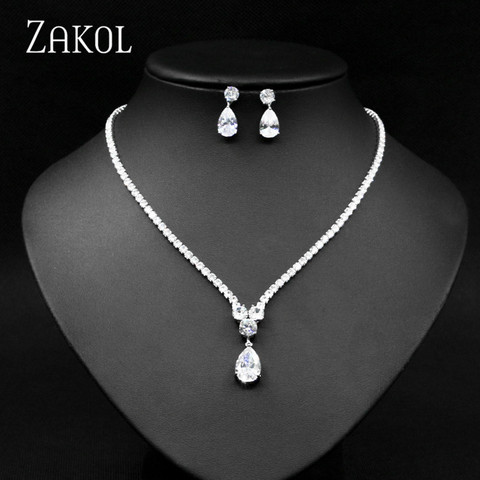 ZAKOL New Design Luxury AAA Water Drop Zirconia Necklace Earrings Set For Women High Quality Wedding Party Dress Jewelry FSSP461 ► Photo 1/6