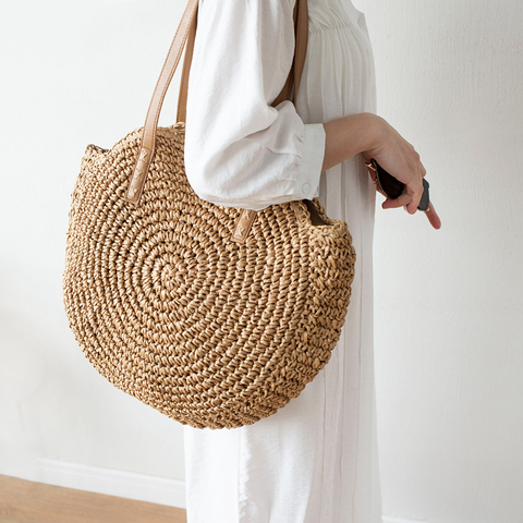 Bohemian Round Straw Bag Hollow Wikcer Woven Women Shoulder Bags Handmade Rattan Handbags Summer Beach Large Tote Travel Purses ► Photo 1/6