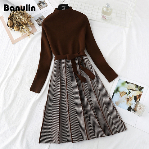 Banulin High Collar A-line Knit Dress Women's 2022 Autumn Winter Thickened Arrow Striped Women Elegant Sashes Knitted Dress ► Photo 1/6