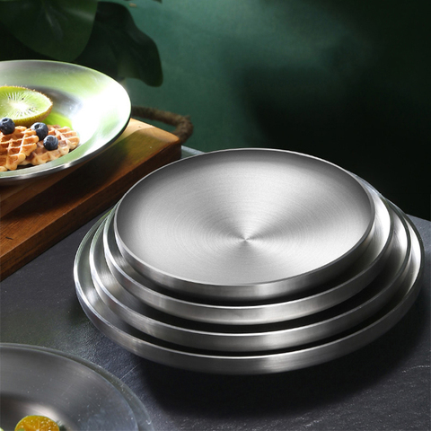 304 Stainless Steel Round Plate, Double-Walled Insulated Dinner Plate, Plates for Snack, Dishes and Fruit ► Photo 1/6