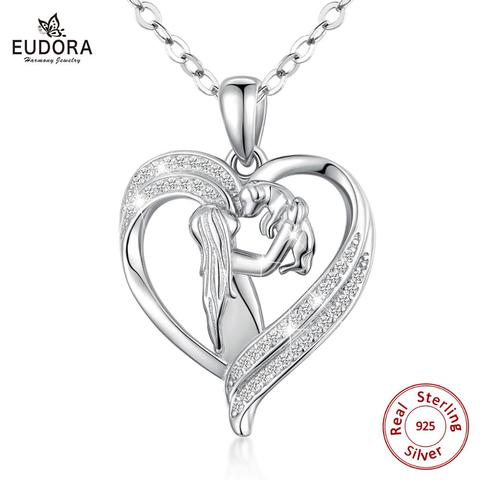 Eudora 100% 925 Sterling Silver girl and dog Pendant heart Crystal Necklace for Women Fine Jewelry Girlfriend birthday gift D563 ► Photo 1/6