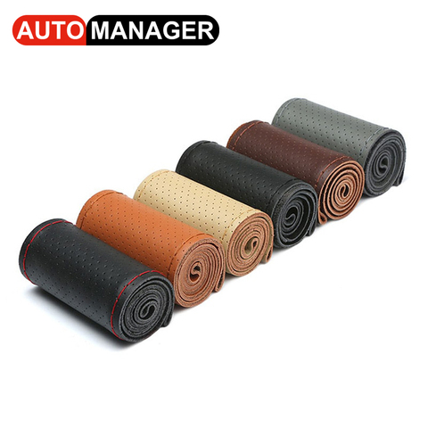 Genuine Leather Braid Car Steering Wheel Cover With Needles Thread Automobile Cowhide Braiding for 38 CM 15 Inch Steering Wheel ► Photo 1/6