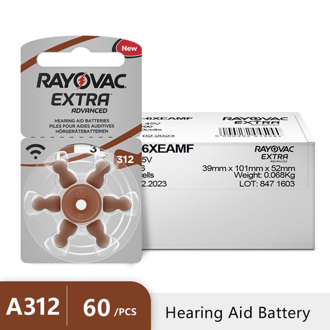 New 60 pcs/10card Rayovac Extra 1.45V Performance Hearing Aid Batteries. Zinc Air 312/A312/PR41 Battery for CIC Hearing aids ► Photo 1/5