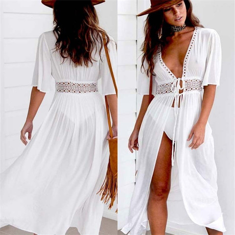 Beach Long Maxi Dress Women Beach Cover Up Bikini Tunic Pareo White V Neck Dress Robe Swimwear Bathing Suit Beachwear Plus Size ► Photo 1/5