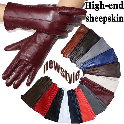 Women's sheepskin gloves winter warmth plus velvet short thin touch screen driving female color leather gloves new high-end ► Photo 1/6